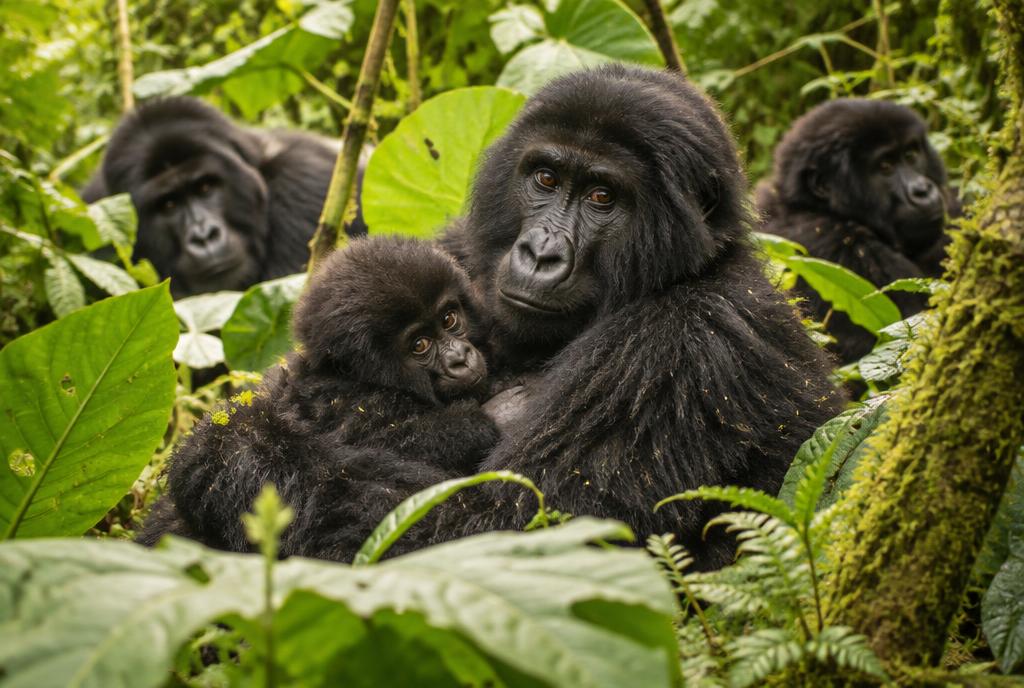 Familia de gorilas de montaña en la selva de Bwindi
